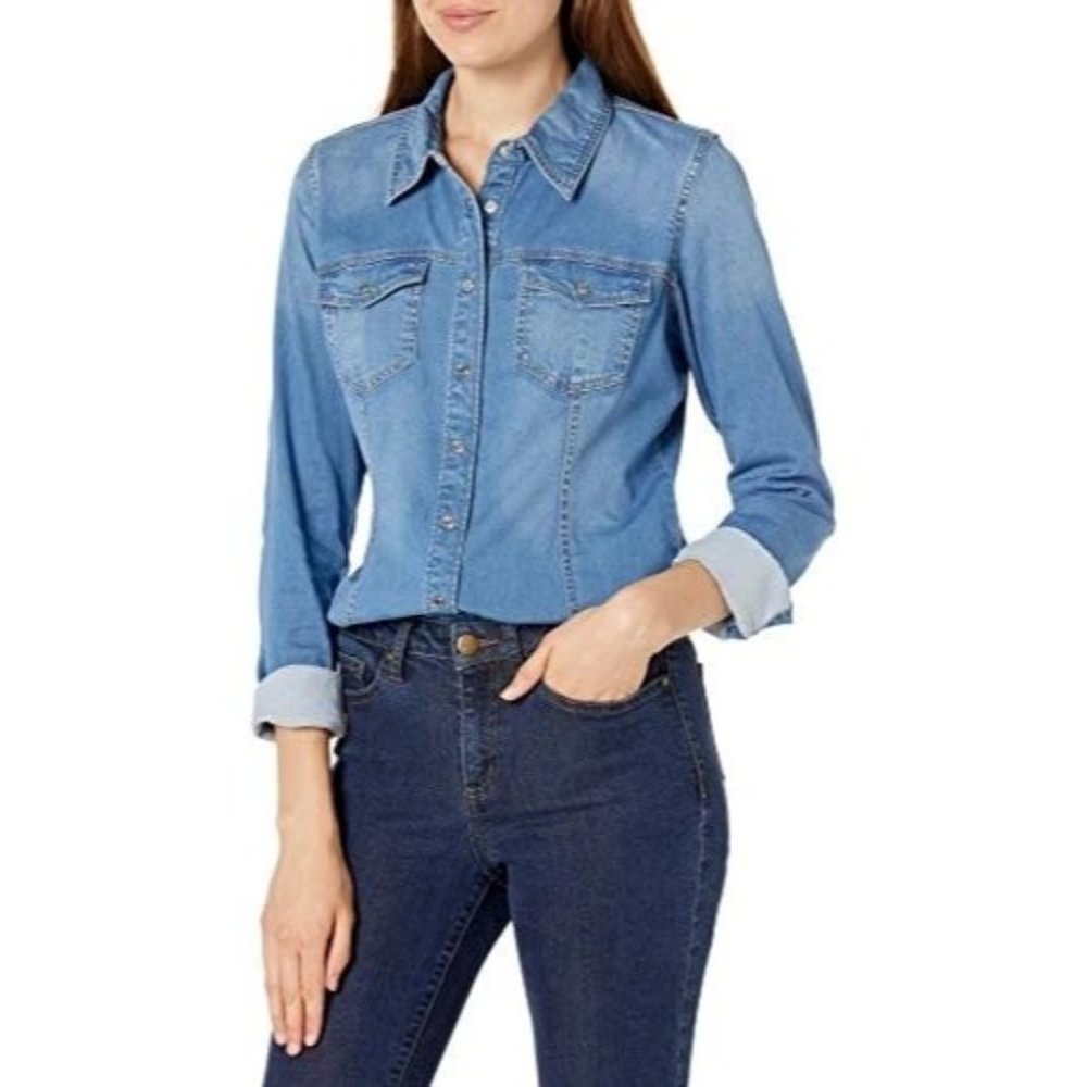 Guess Women's Slim Fit Long Sleeve Snap Front Denim Shirt Blue Size Small B3-04